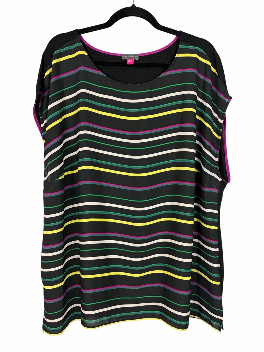 Vince Camuto Plus Size Striped Mixed Media Blouse Black Multicolor 2X